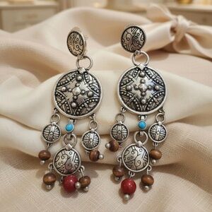 Silver Tone Large Chunky Statement Earrings Blue Brown Red Chandelier Cocktail